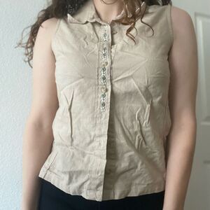 Vintage Linen Blend Sleeveless Button‎ Down Top Sz S dainty embroidered flowers
